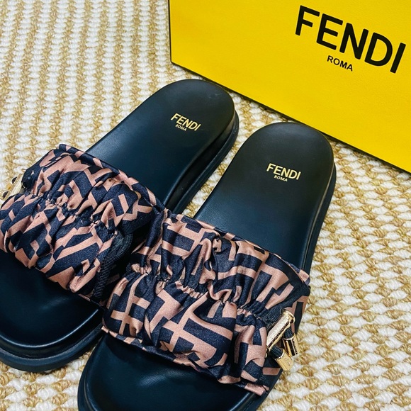 Fendi Shoes - Fendi Black and Brown Slide Sandals
